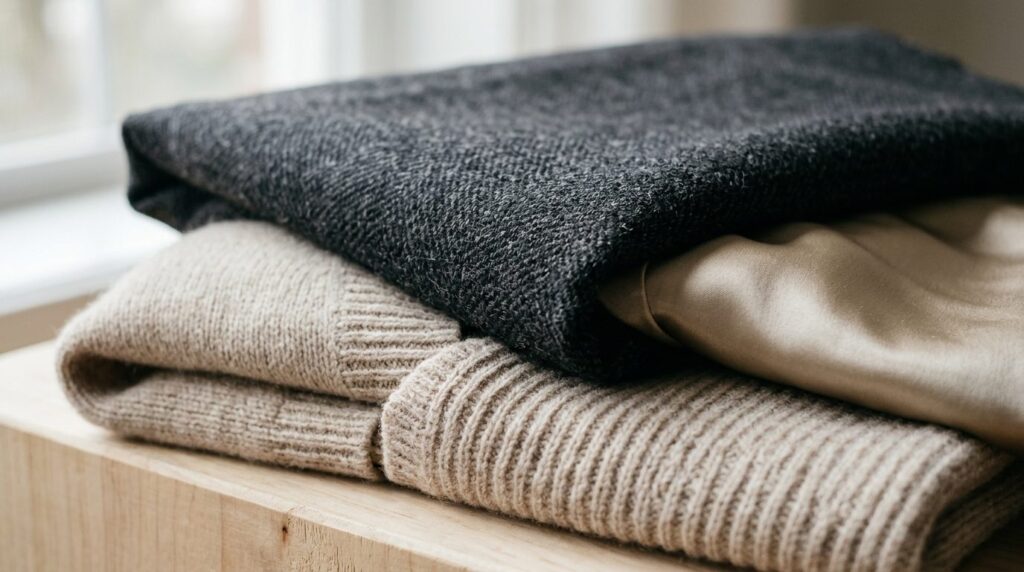 Close-up detail shot of premium winter fabrics: layered comp