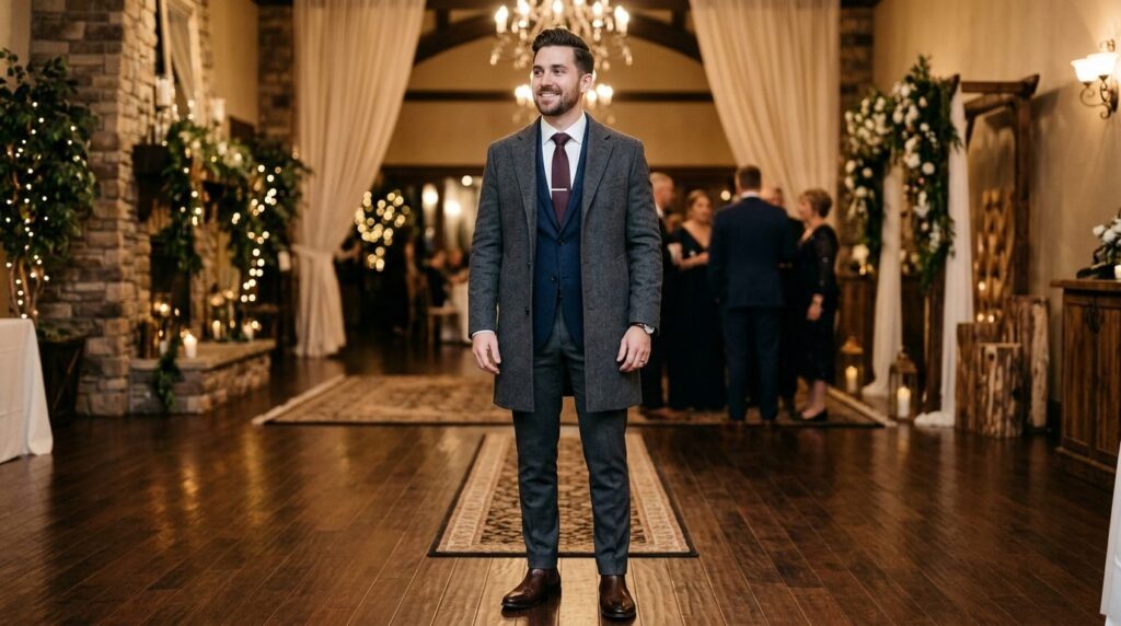 Full-length portrait of a man wearing winter wedding formal 