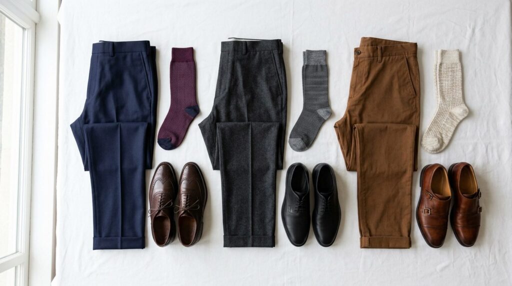 Flat lay overhead shot of three coordinated outfit combinati