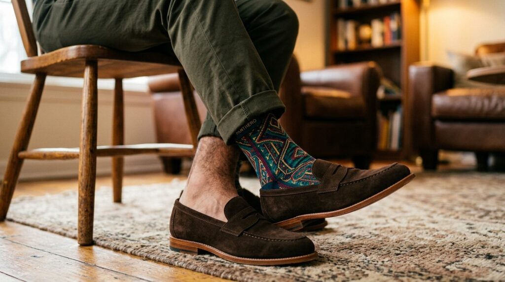 Close-up detail shot of a mans lower leg and foot area, sit