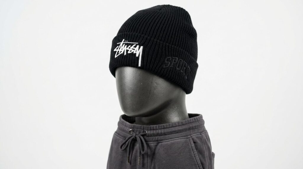 Close-up detail shot of a black Stussy sport skullcap with v