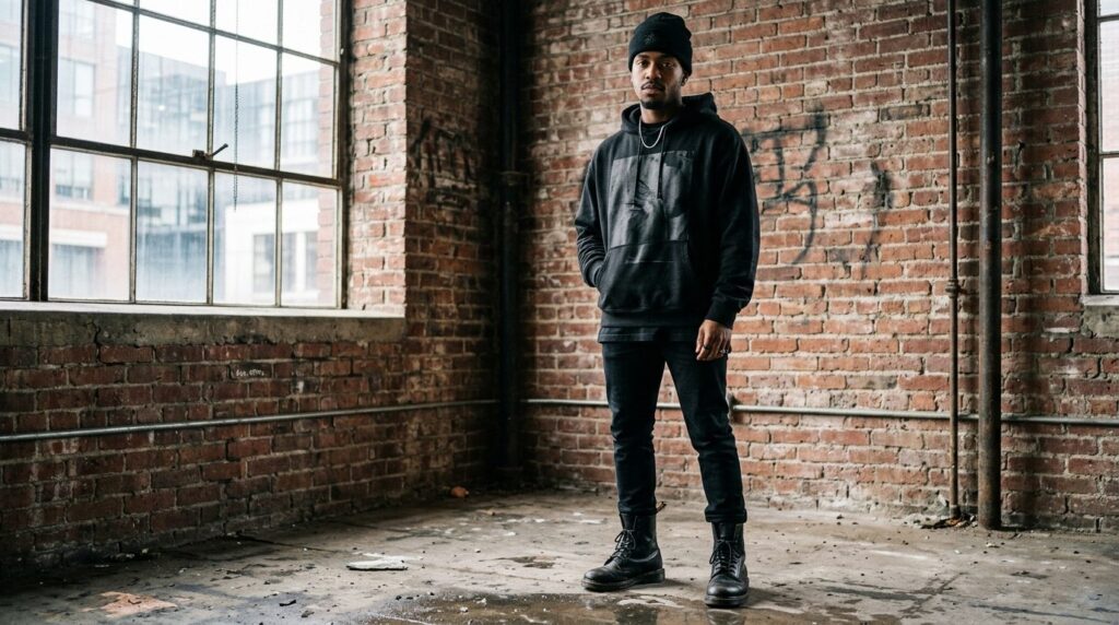 Full-body fashion photography of a person wearing a black St